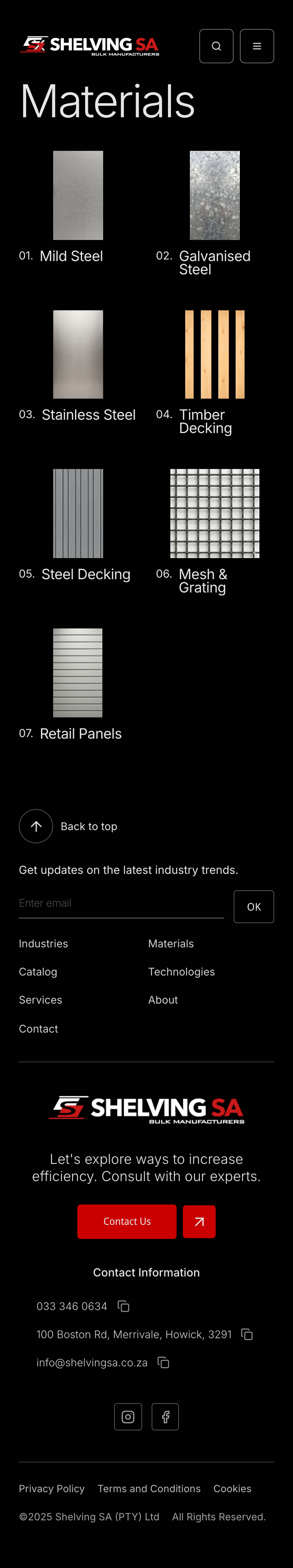 Shelving SA Website mobile screen